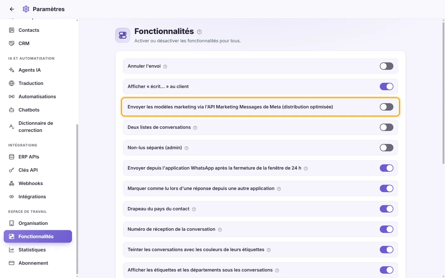 Settings, Features: marketing templates through Meta's Marketing Messages API