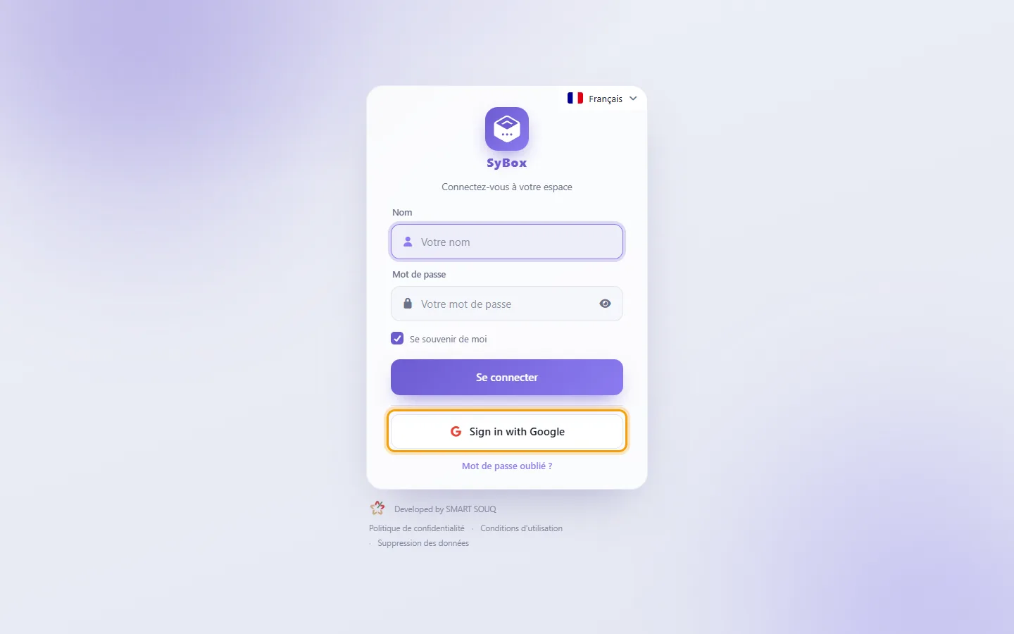 To sign in with Google: "Sign in with Google" marked on the screen in SyBox