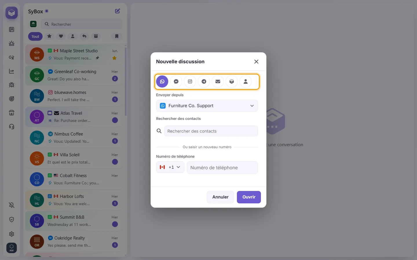 The New chat window: a tab for each channel, then the number it is sent from and the contact
