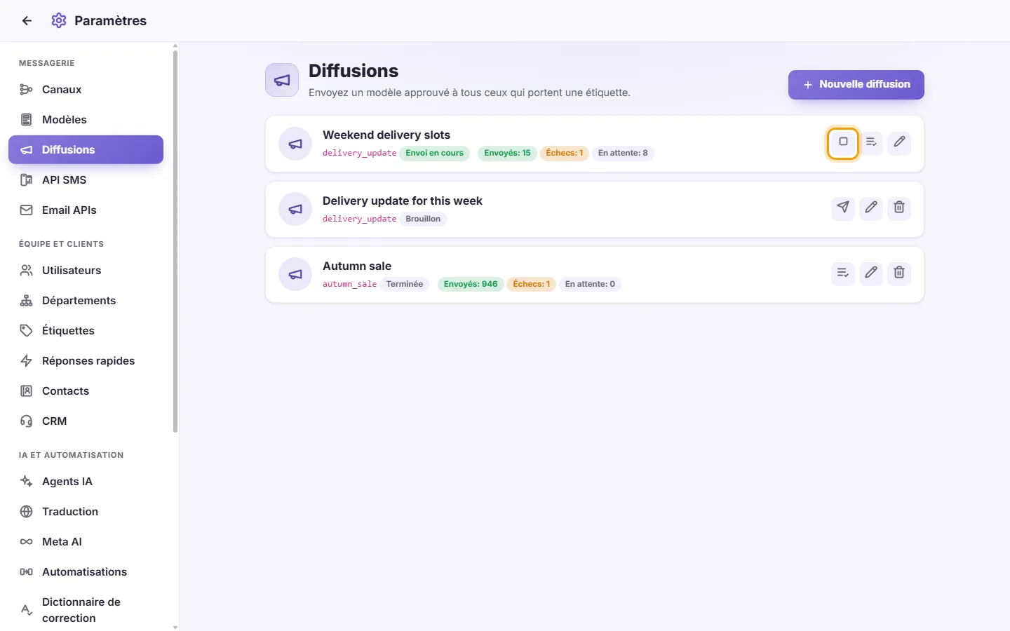 Settings, Broadcasts: a broadcast that is sending, with its Stop button