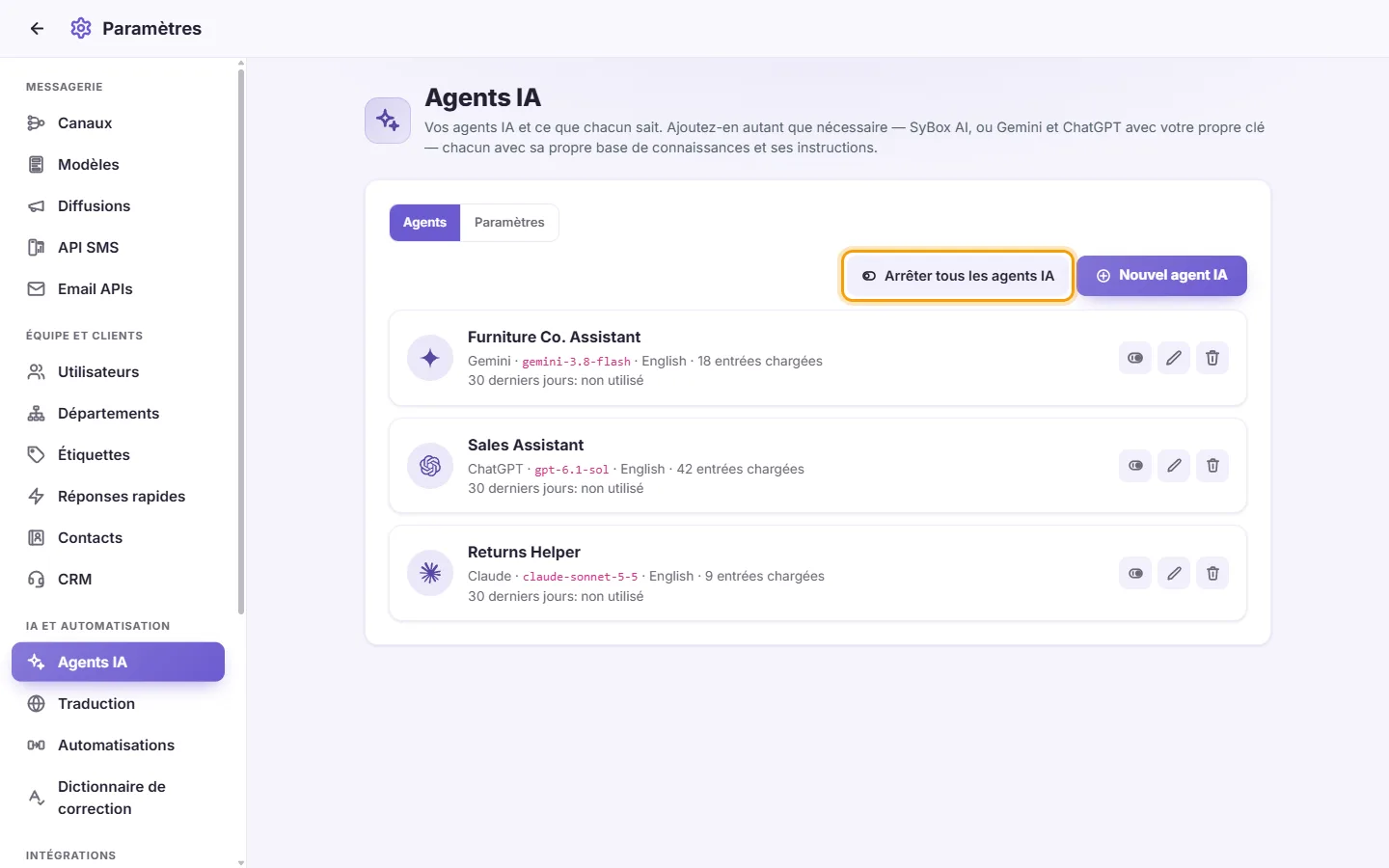 Settings, AI Agents: "Stop all AI agents" beside "New AI agent"