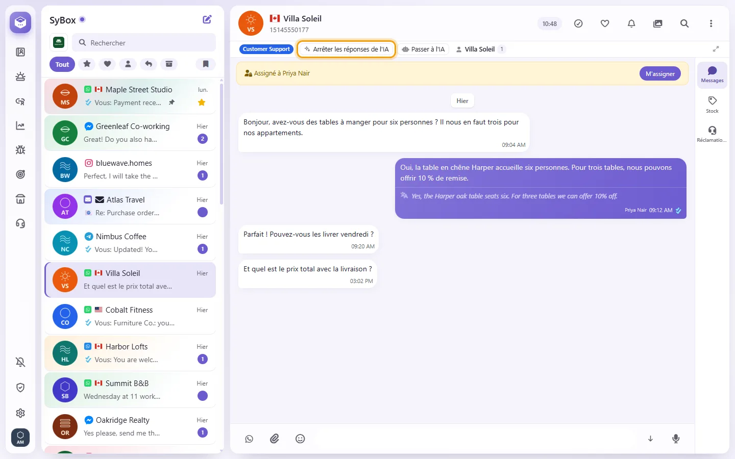 The bar under a conversation's name: the customer's department, "Stop AI replies" and "Hand to AI"
