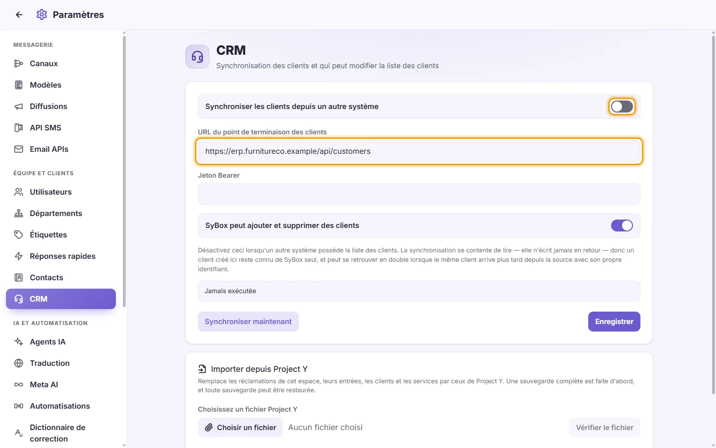Settings, CRM: the "Sync customers from another system" switch and the address SyBox reads the customers from