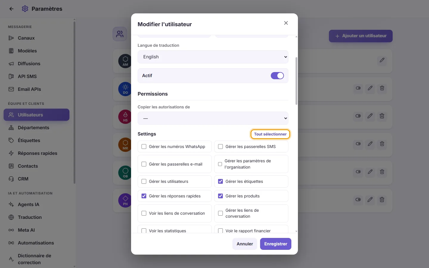 The Edit user window: the "Select all" button of the Settings permissions