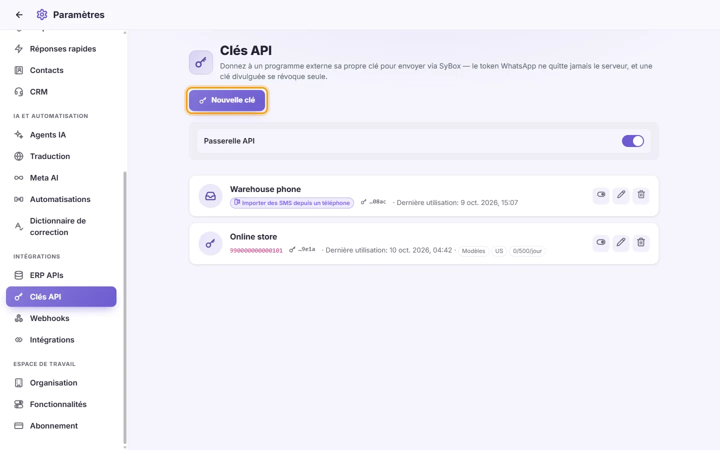 Settings, API keys: keys that let another program send through SyBox, and the "New key" button