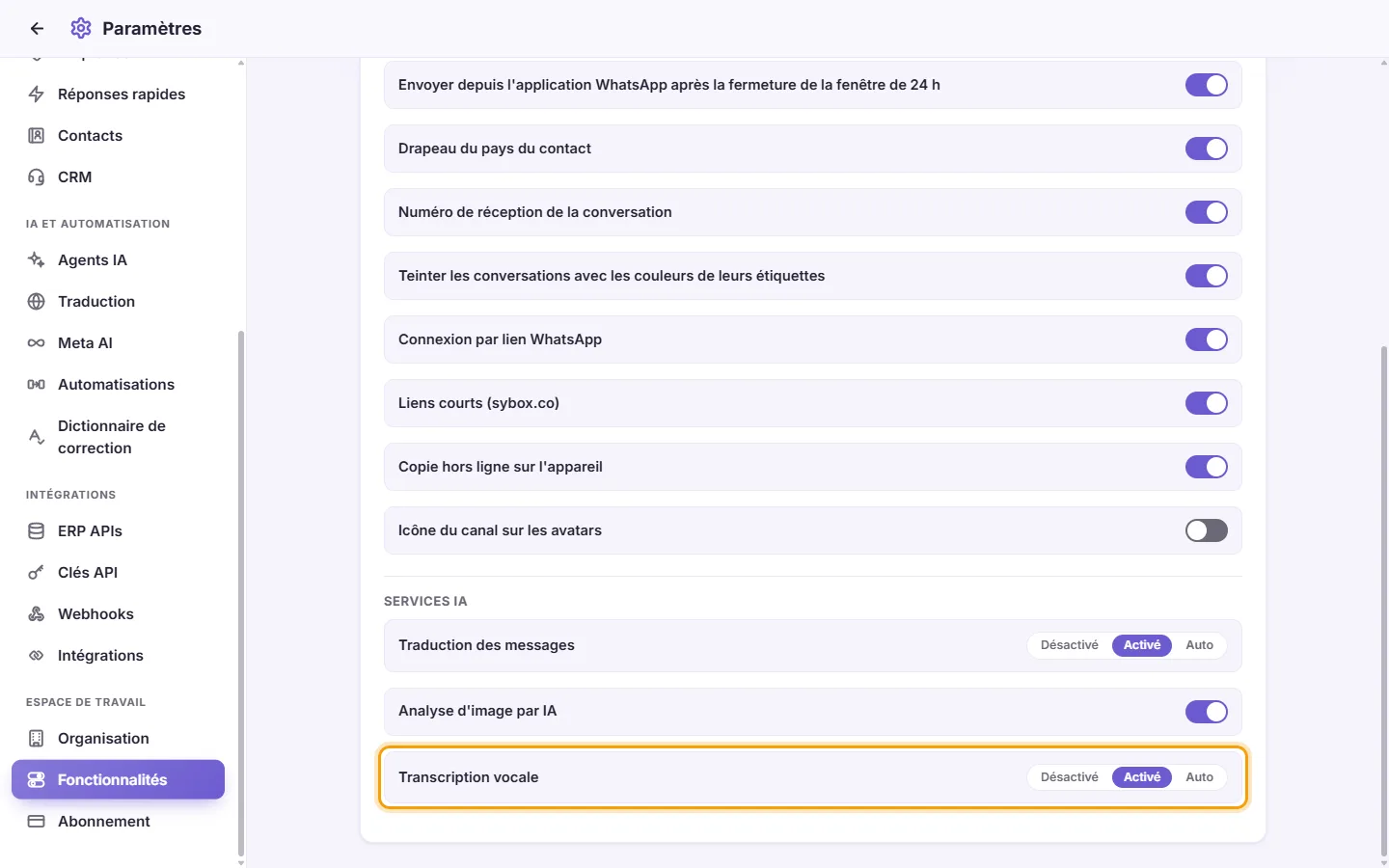 Settings, Features, AI services: "Voice transcription" with its Off, On and Auto choices