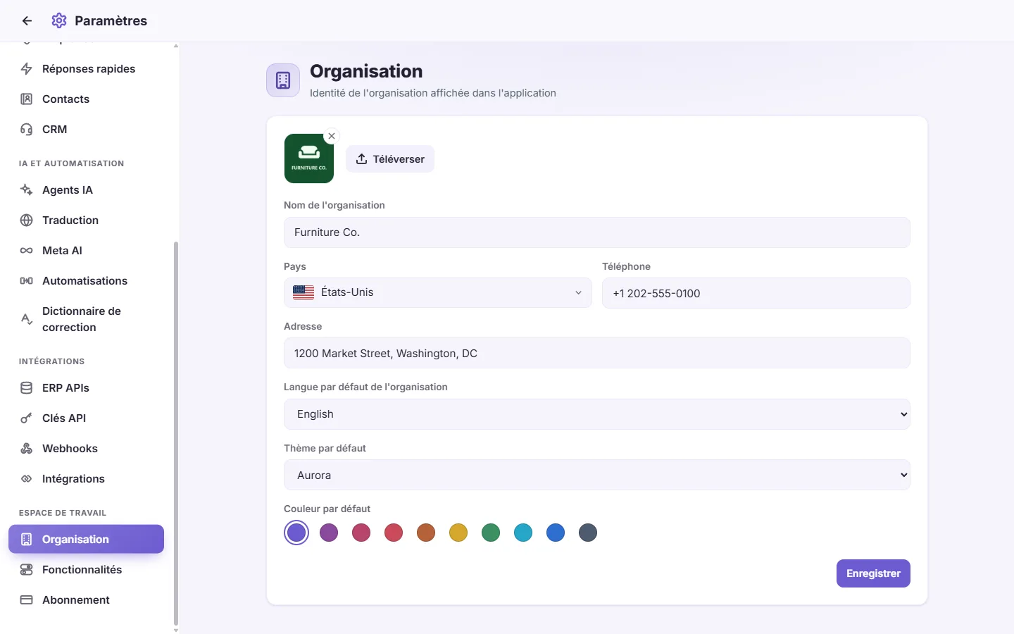 Settings, Organization: the business's name, logo, phone, address and country