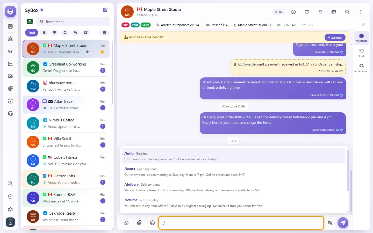 Typing a slash in the message box opens the quick replies
