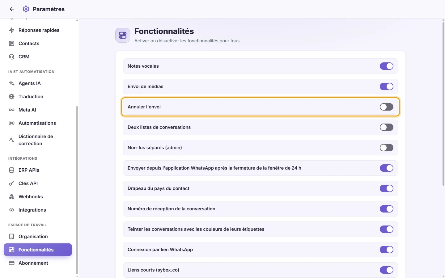 Settings, Features: each feature has a switch; clicking it saves at once
