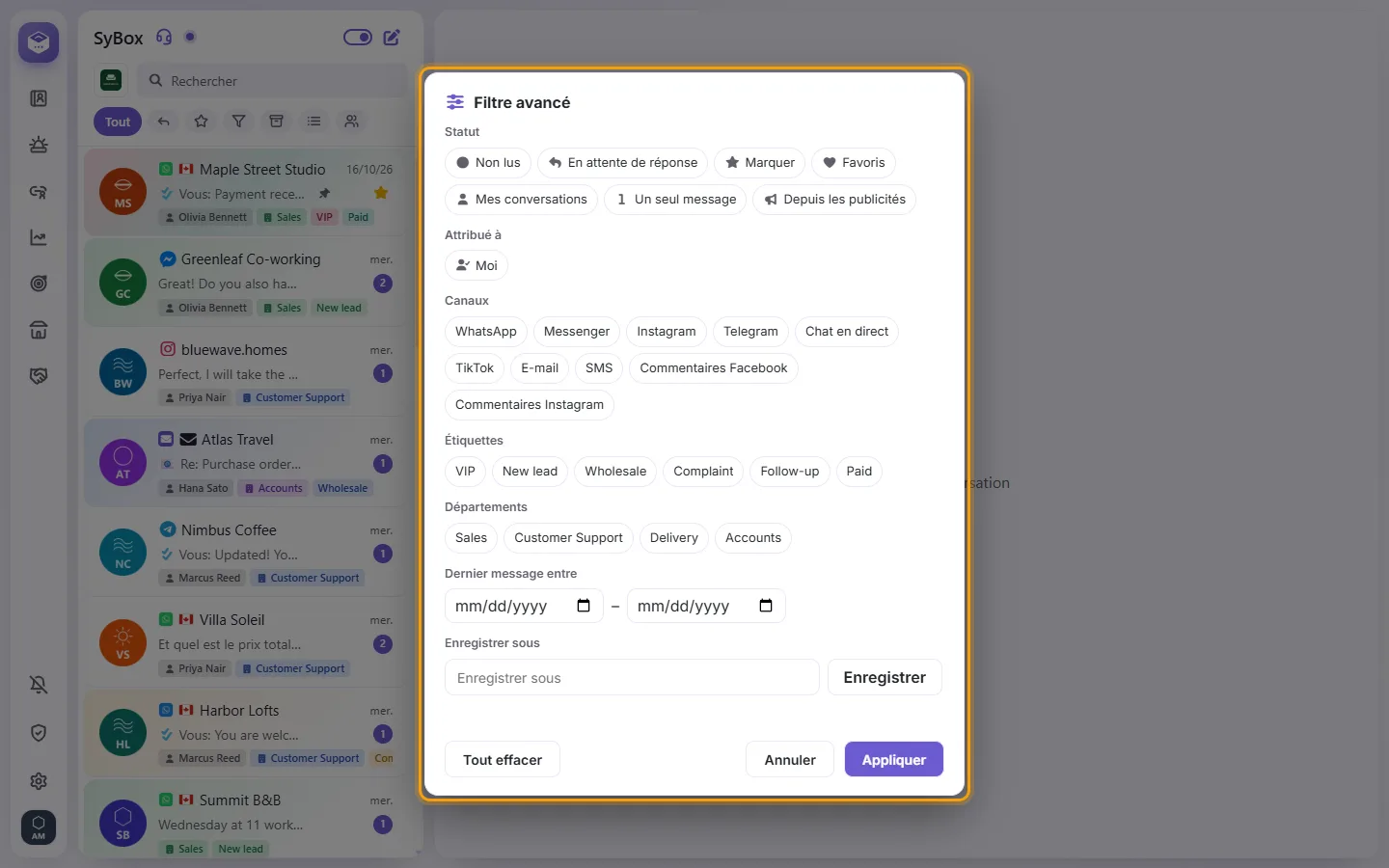 The advanced filter: status, assigned to, channels, labels, departments, contact fields, dates, and "Save as"