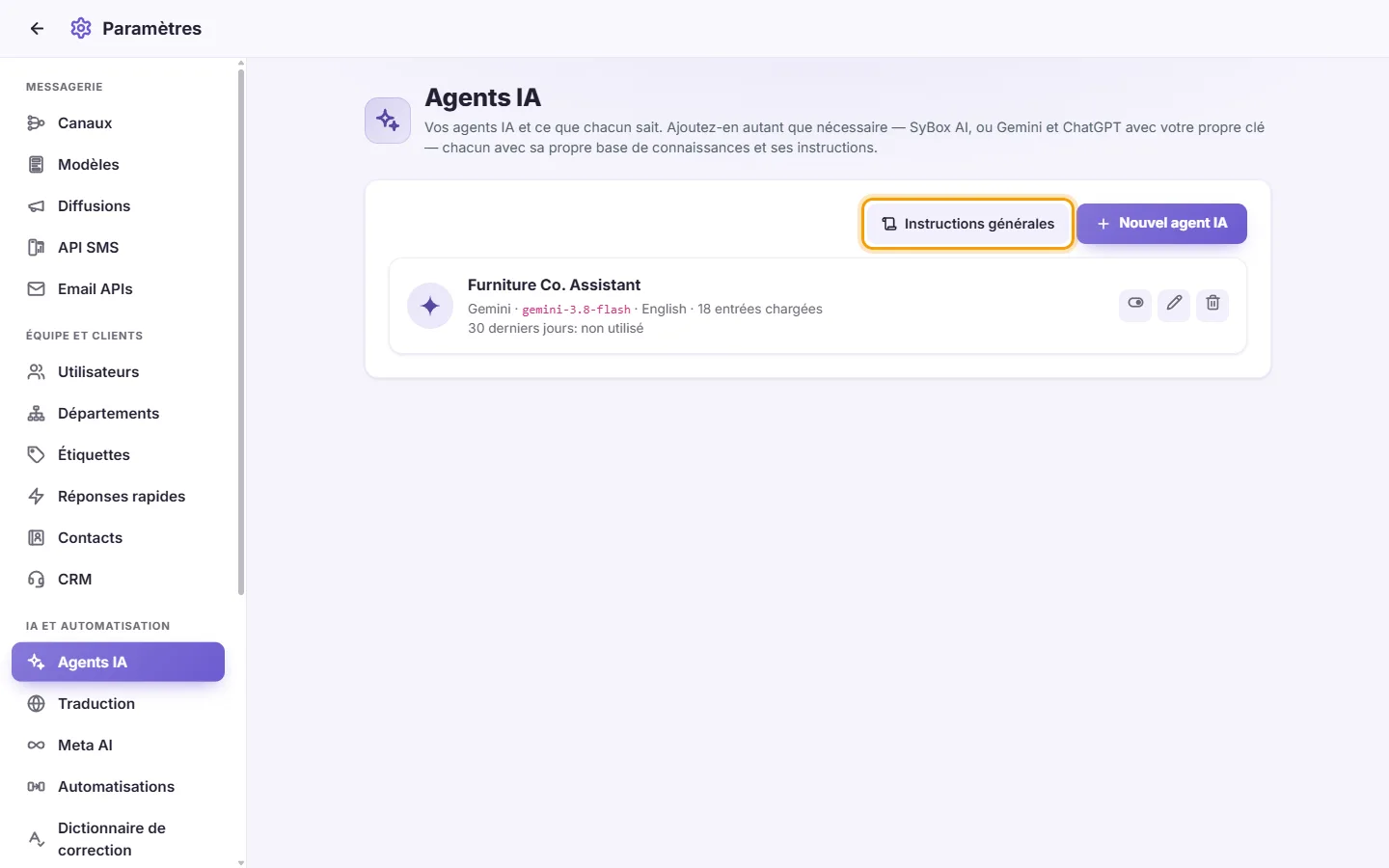 Settings, AI Agents: the "Settings" tab, where the instructions for every agent are
