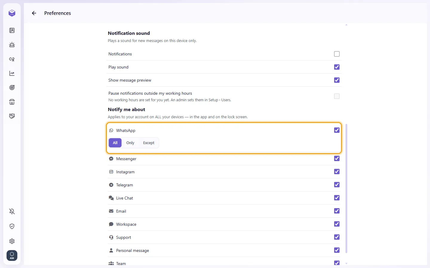 Preferences, Notify me about: a channel's All / Only / Except