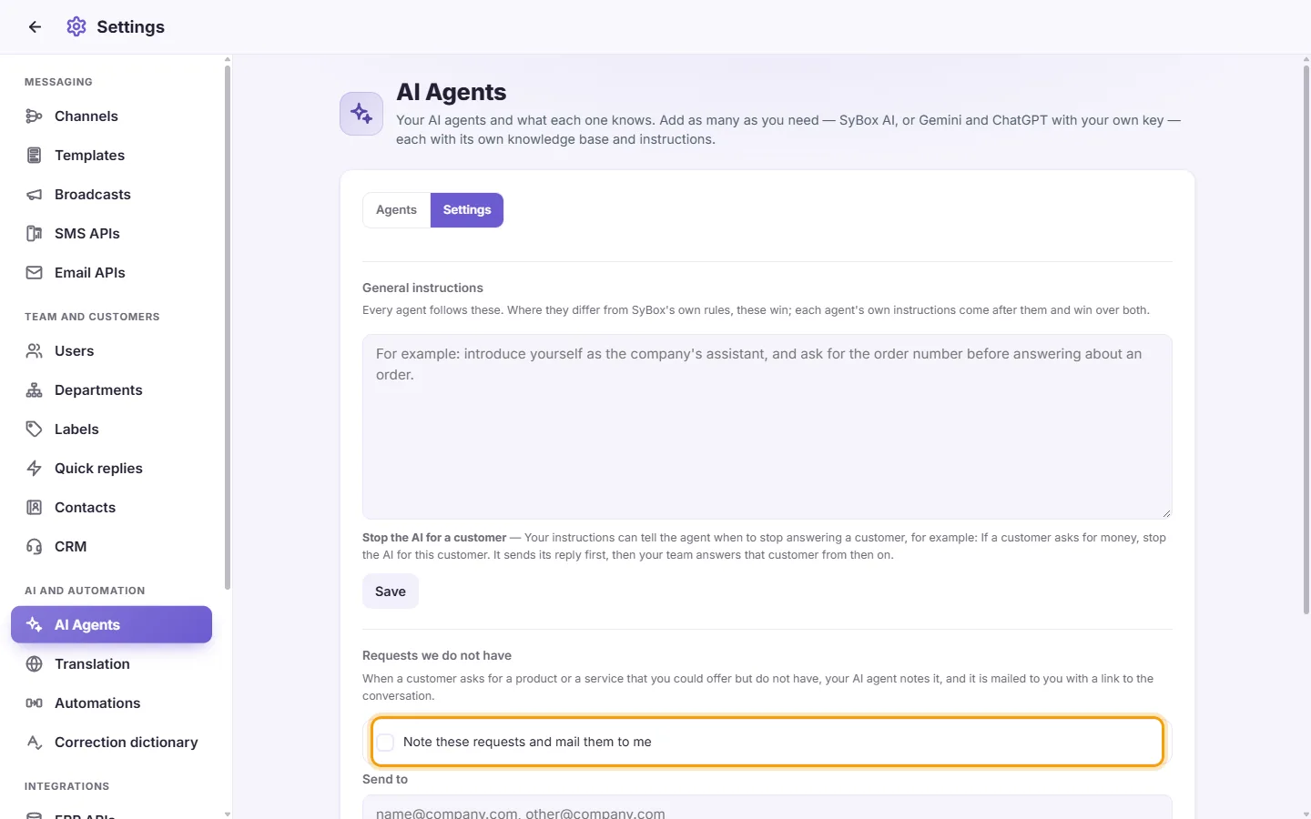 The AI Agents "Settings" tab: "Note these requests and mail them to me"