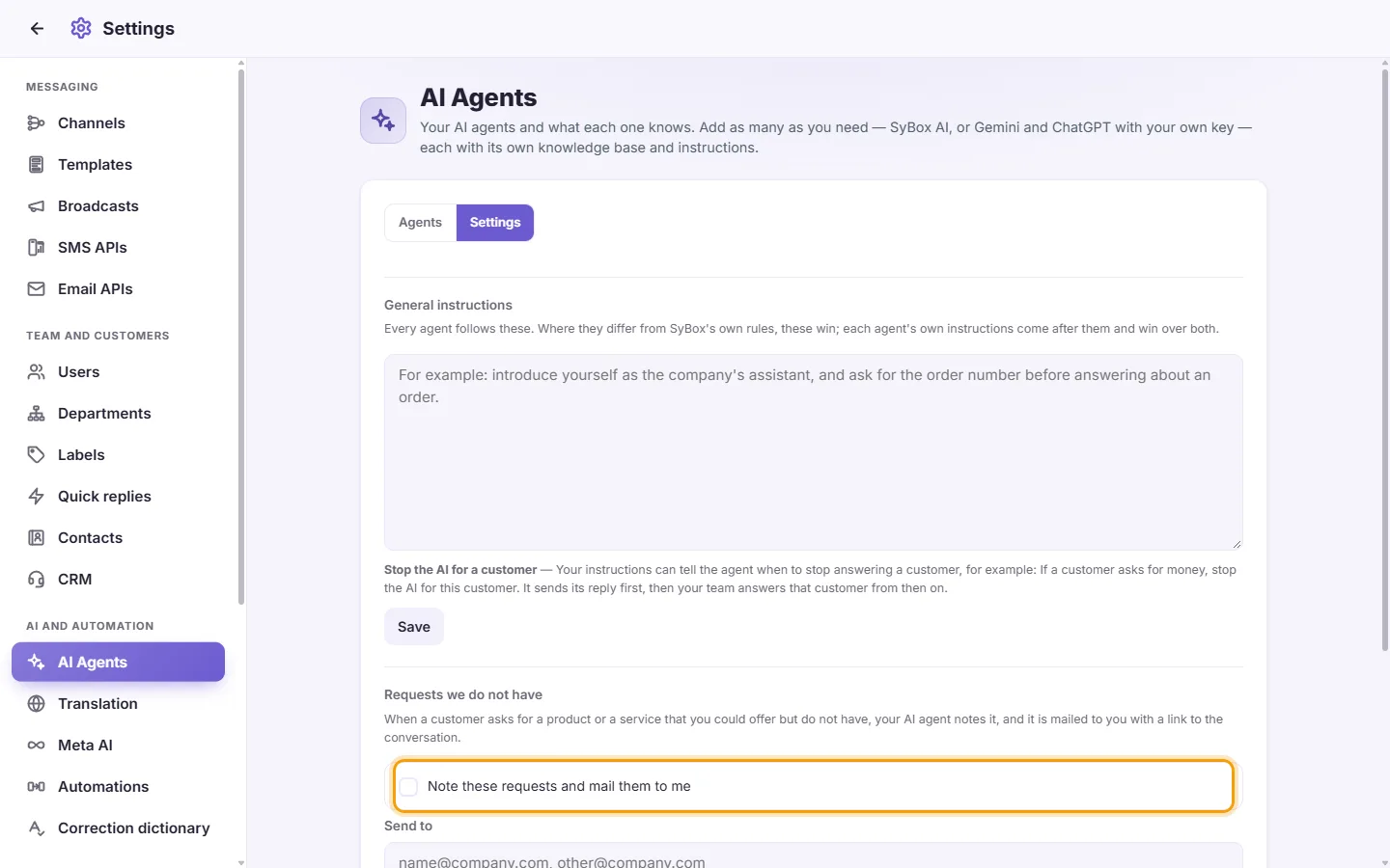 The AI Agents "Settings" tab: "Note these requests and mail them to me"