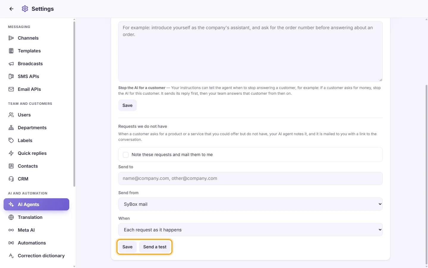 Requests we do not have: Save, and "Send a test"