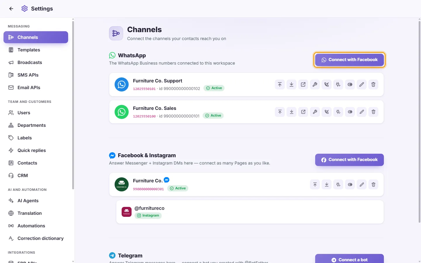 Settings, Channels: start by connecting a channel, here "Connect with Facebook" for WhatsApp