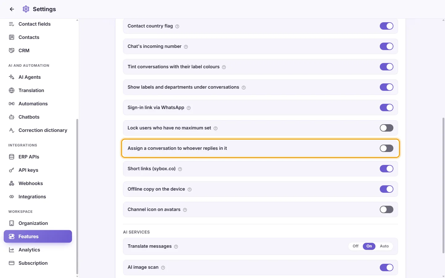 Settings, Features: "Assign a conversation to whoever replies in it"