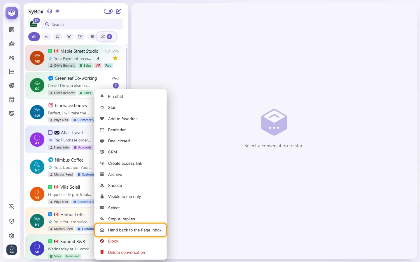 A Messenger conversation's menu: "Hand back to the Page inbox"