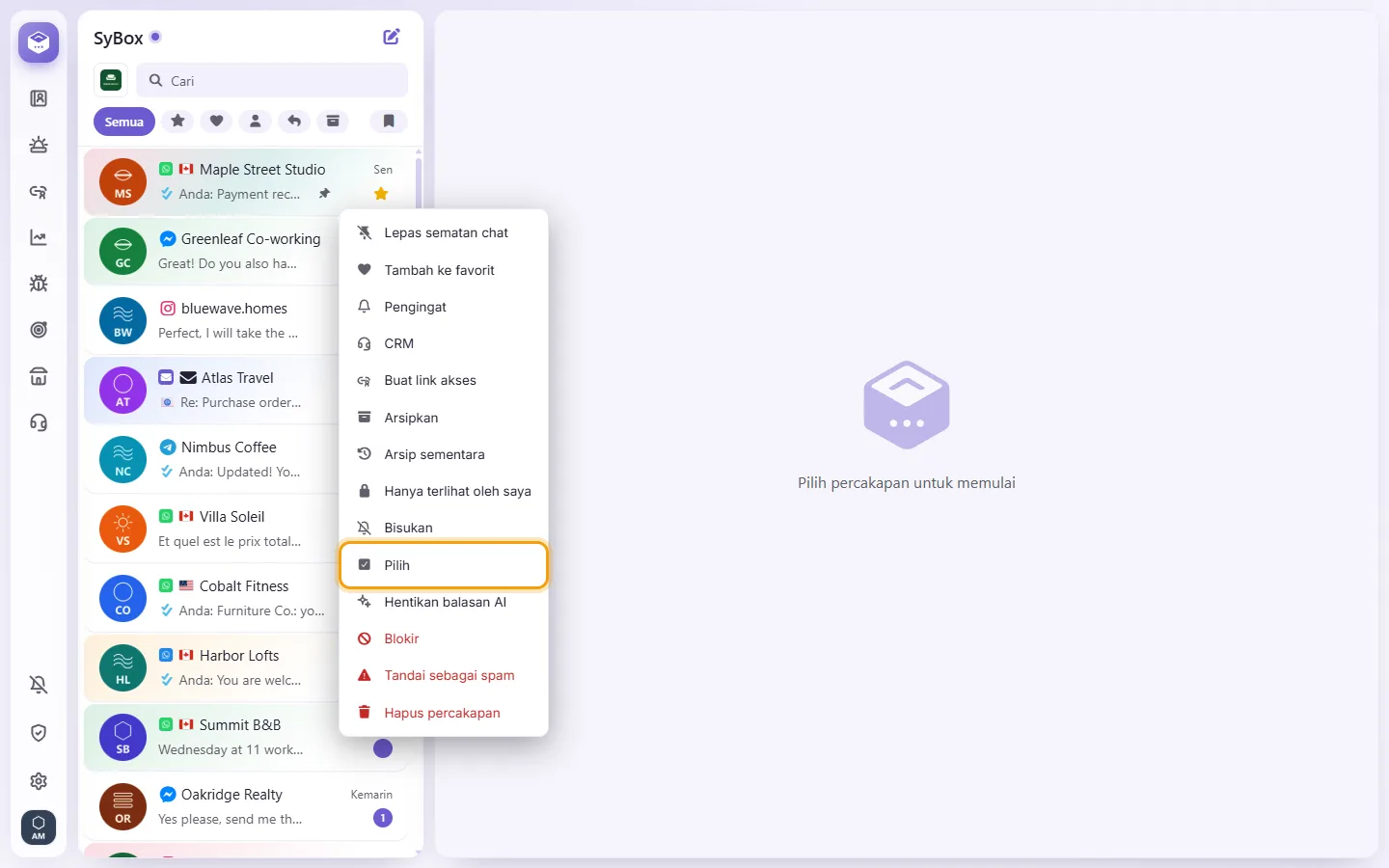 A conversation's menu in the list: "Select" starts choosing several conversations