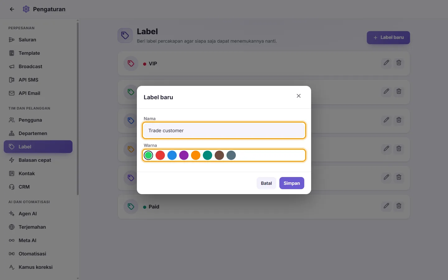 The new label window: its name ("Trade customer") and its color