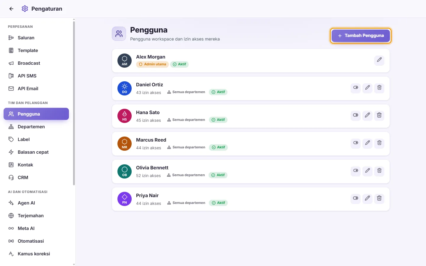 Settings, Users: the team with their departments, and the "Add user" button