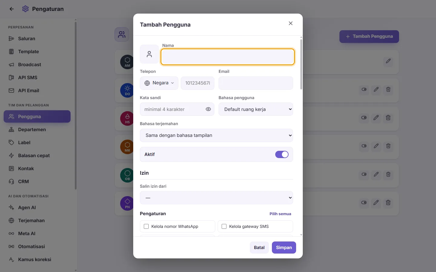 The new user window: the name first, then the sign-in details and what the user may do