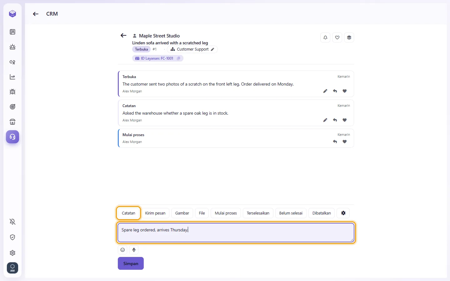 An open case: "Note" and the Description box, then Save