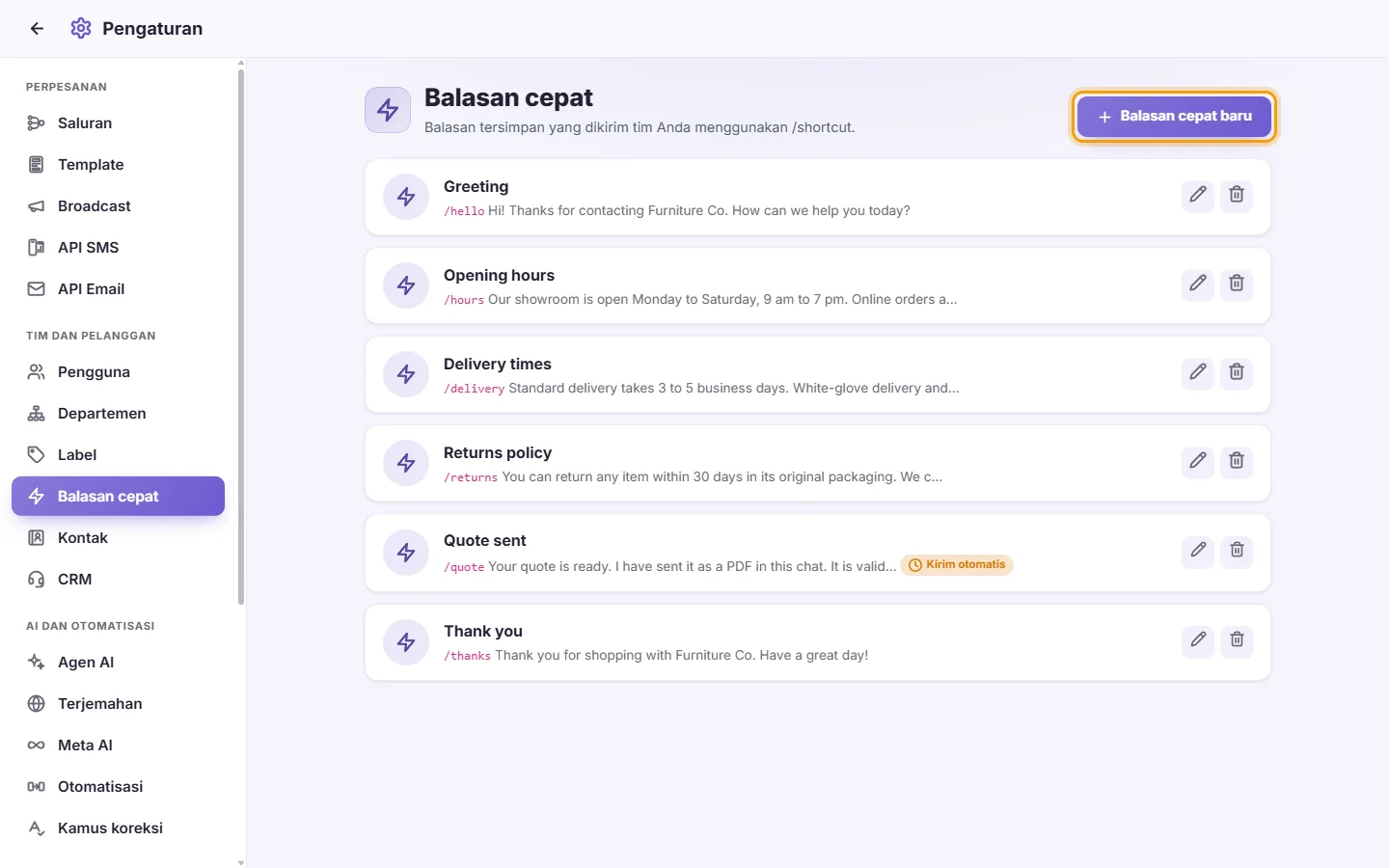 Settings, Quick replies: ready answers with their shortcuts, and the "New quick reply" button