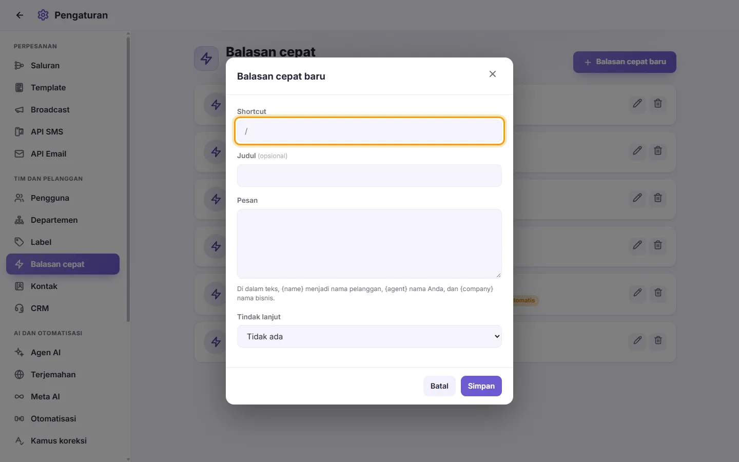 The new quick reply window: its shortcut first, then its title, text and an optional follow-up reminder