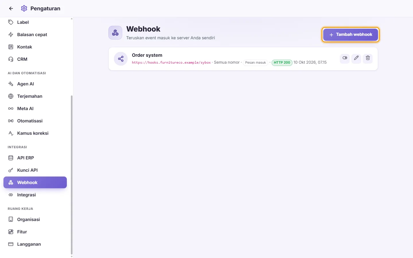 Settings, Webhooks: an active webhook with its last result, and the "Add webhook" button