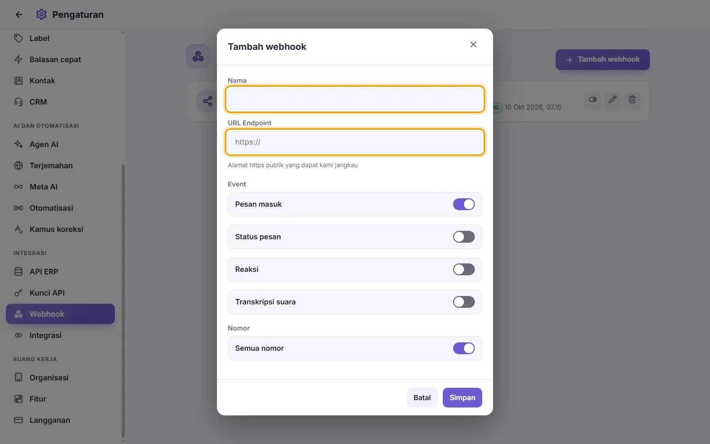 The new webhook window: its name and the address it calls