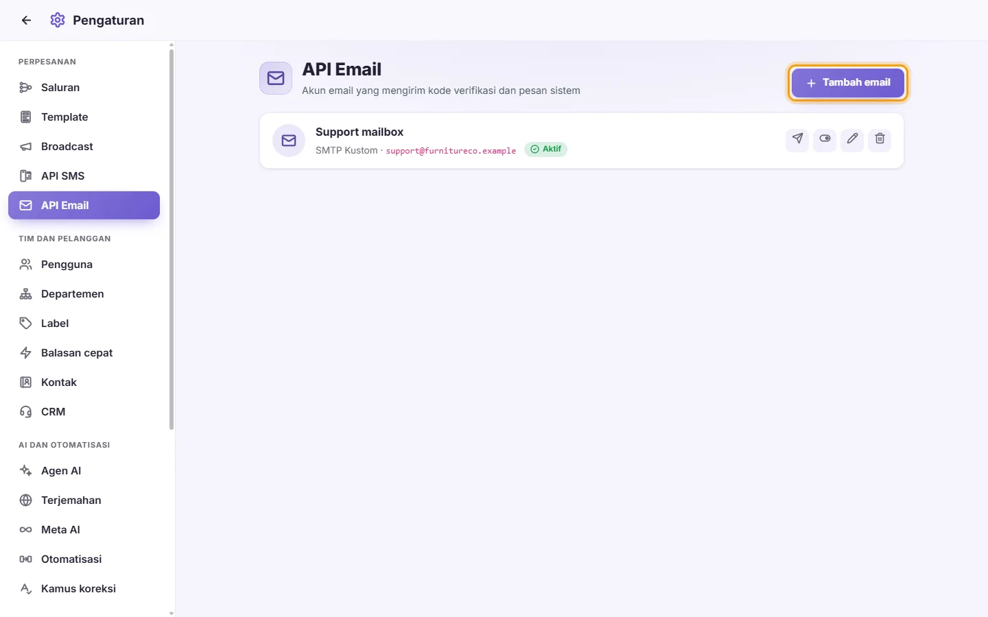 Settings, Email APIs: a connected mailbox and the "Add email" button