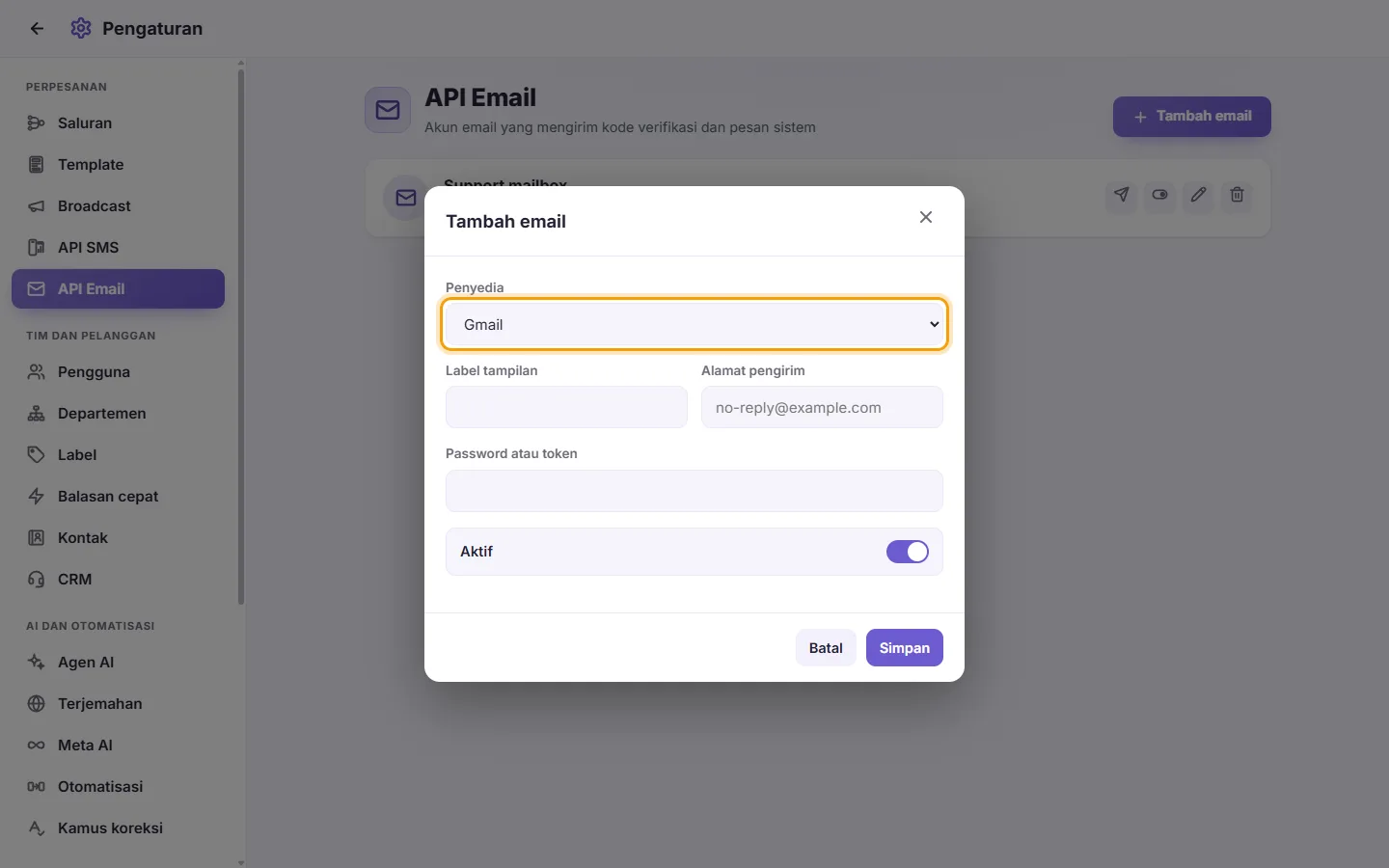 The new email account window: pick the provider first, then the address (and the server, for a custom provider)