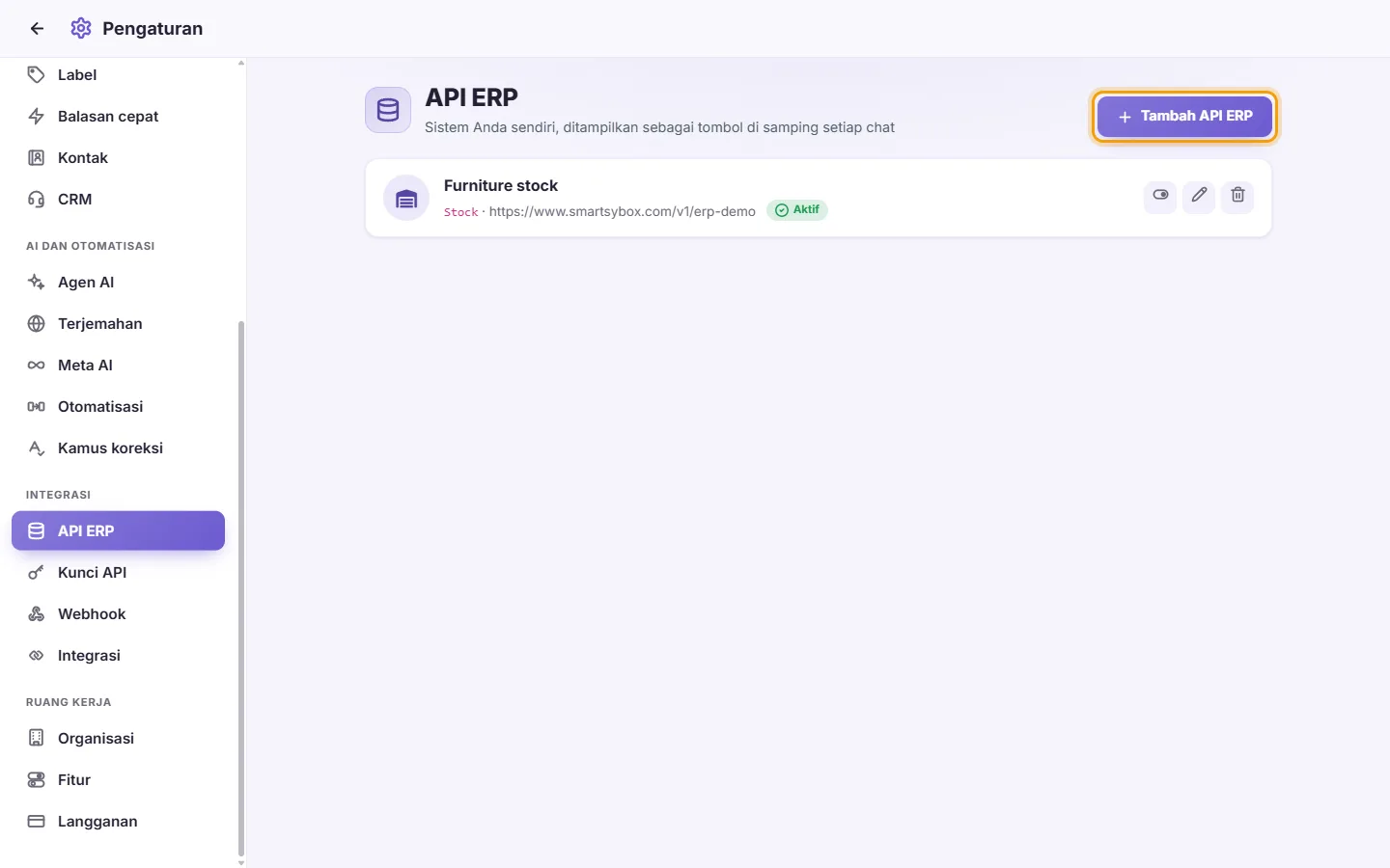 Settings, ERP APIs: a connected stock system that shows as a button in conversations