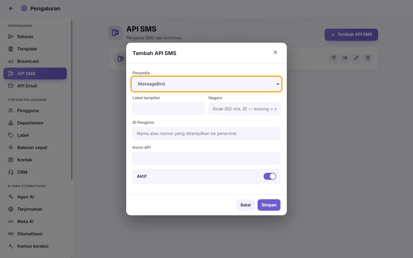 The new SMS gateway window: the provider first, then the country, keys and sender