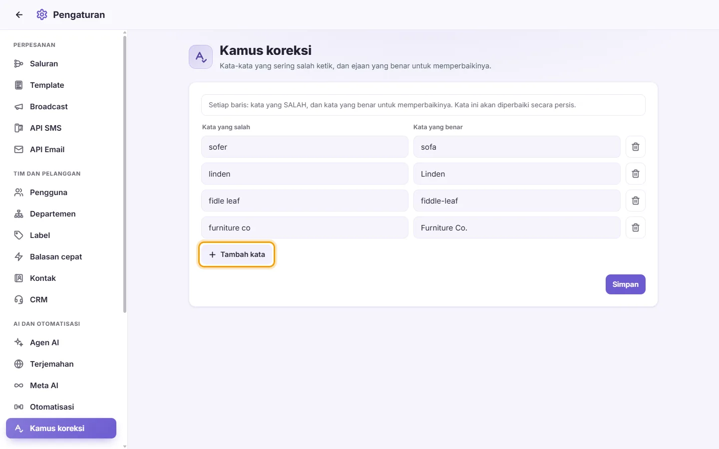 Settings, Correction dictionary: the wrong words and their corrections, and the "Add word" button