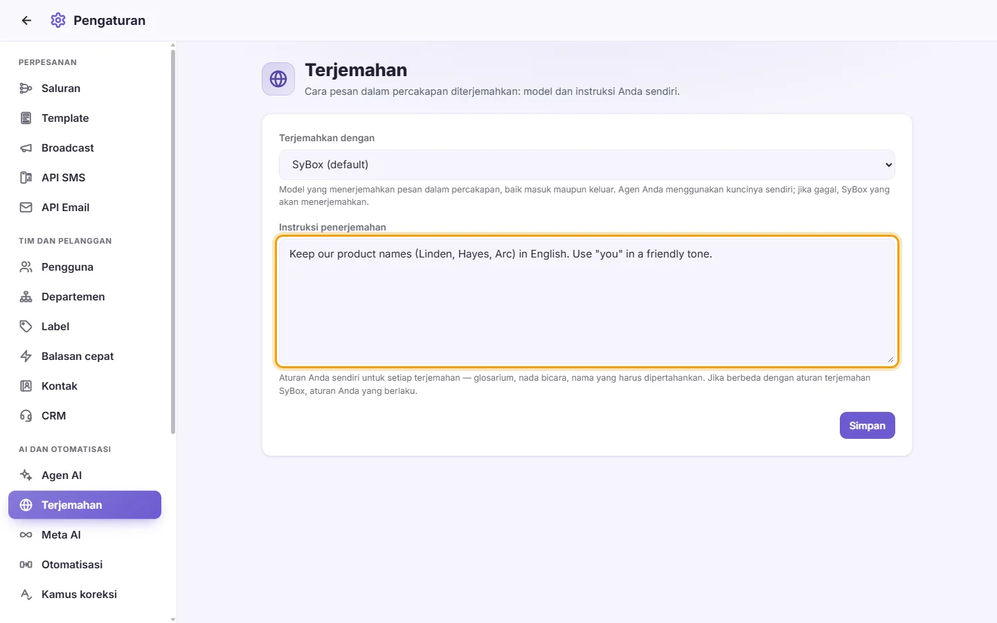 Settings, Translation: the "Translation instructions" box with an example rule