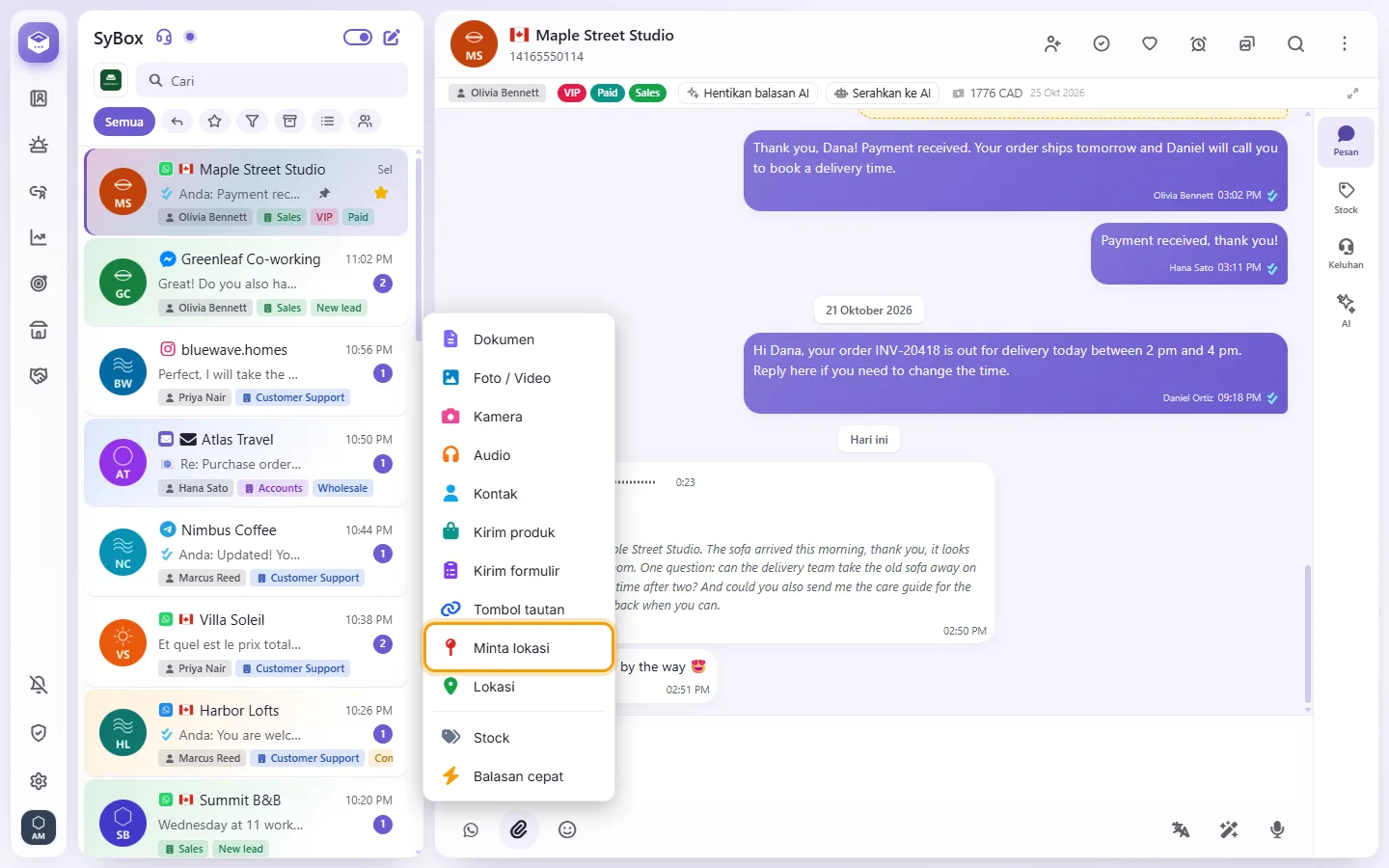 The paperclip menu: "Ask for location"