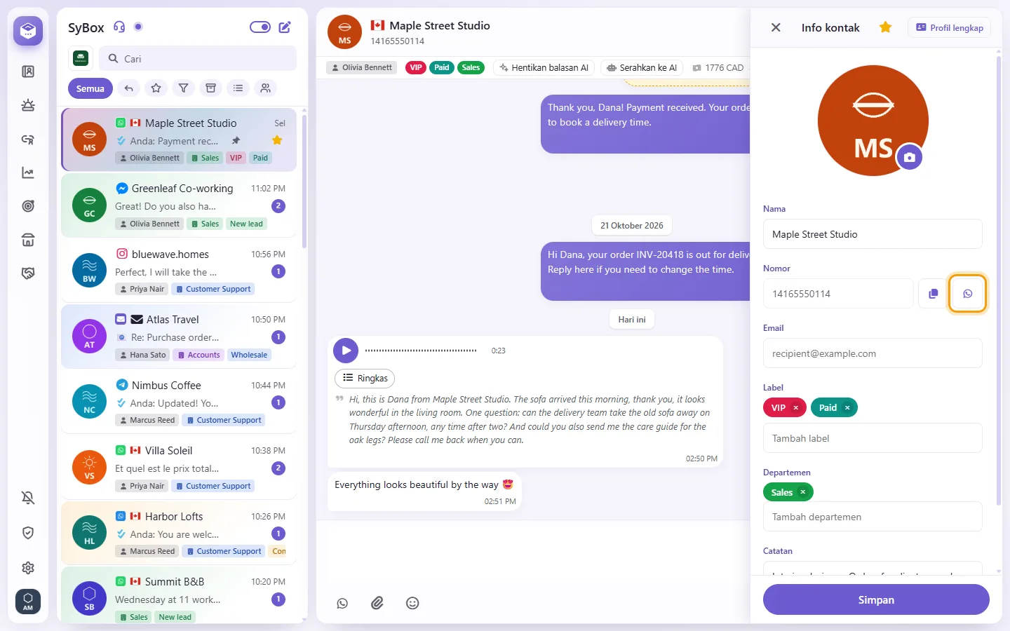 The contact panel: "WhatsApp call" beside the customer's number