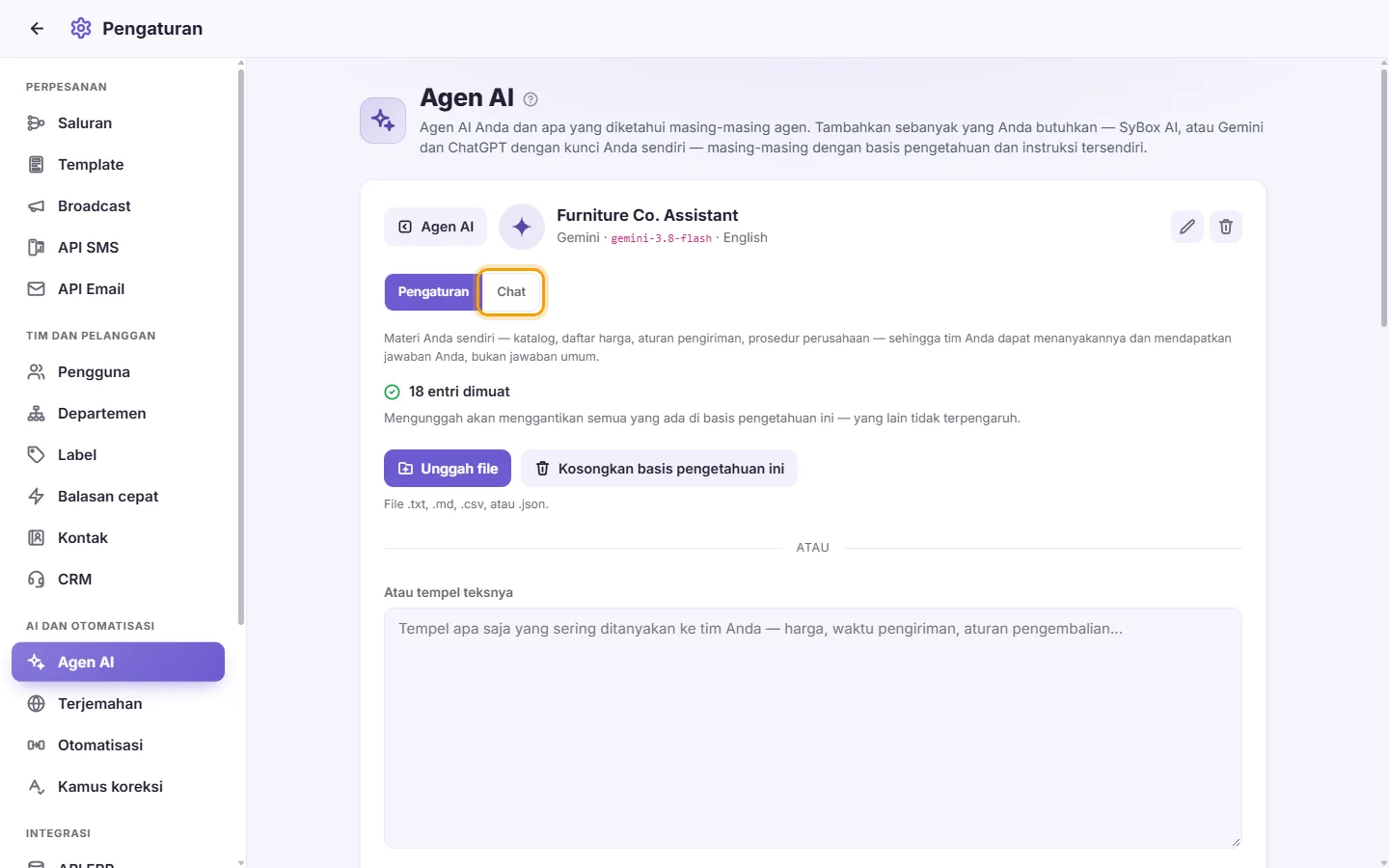 An agent's page: its "Chat" tab beside "Settings"
