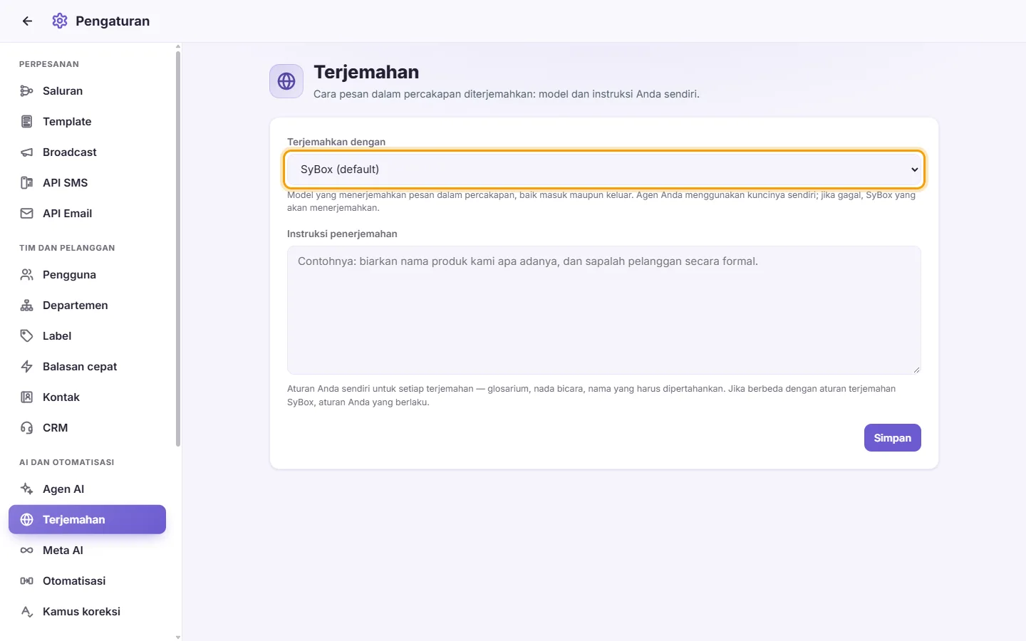 Settings, Translation: "Translate with" chooses who translates the messages