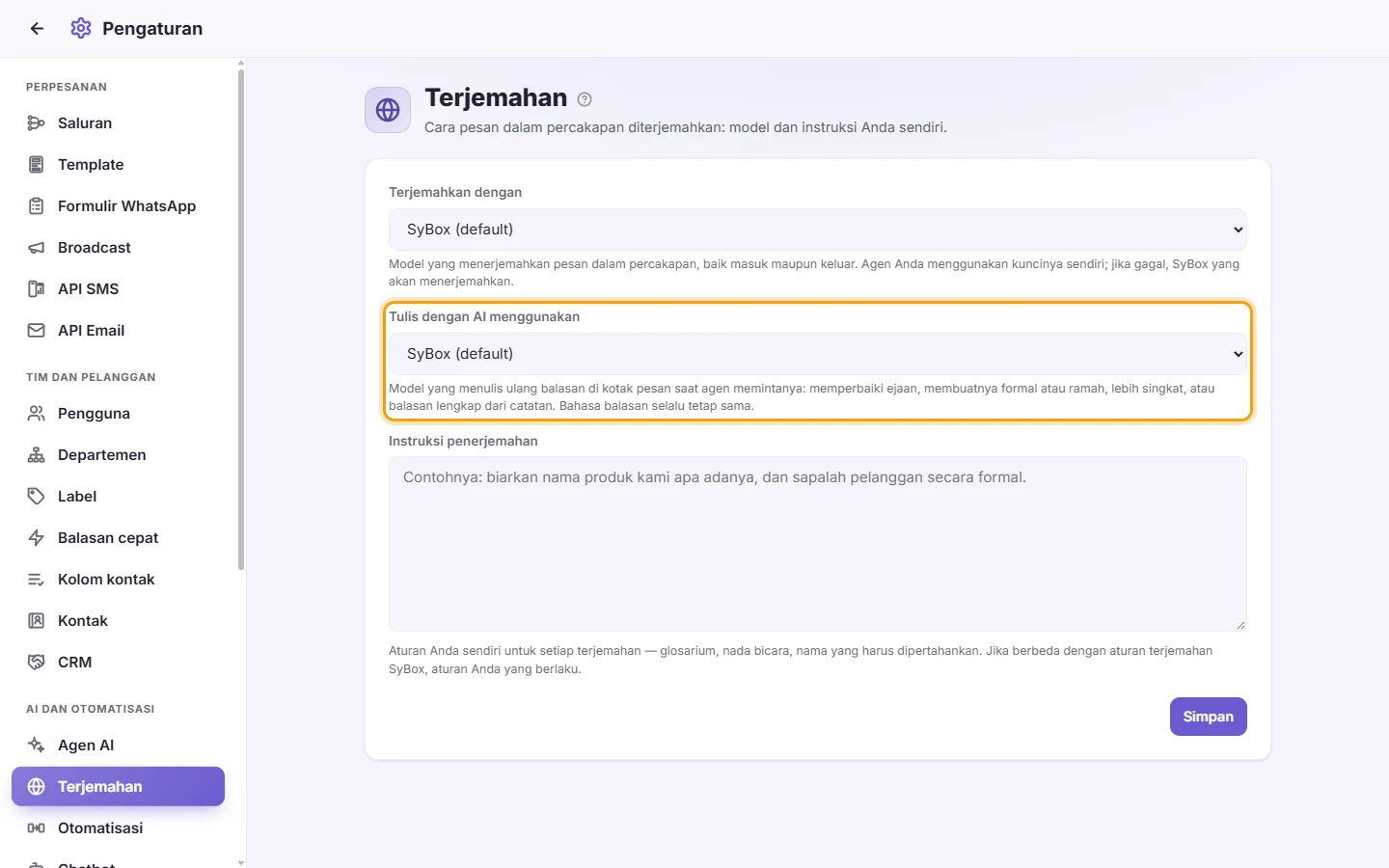Translation settings: "Write with AI using"