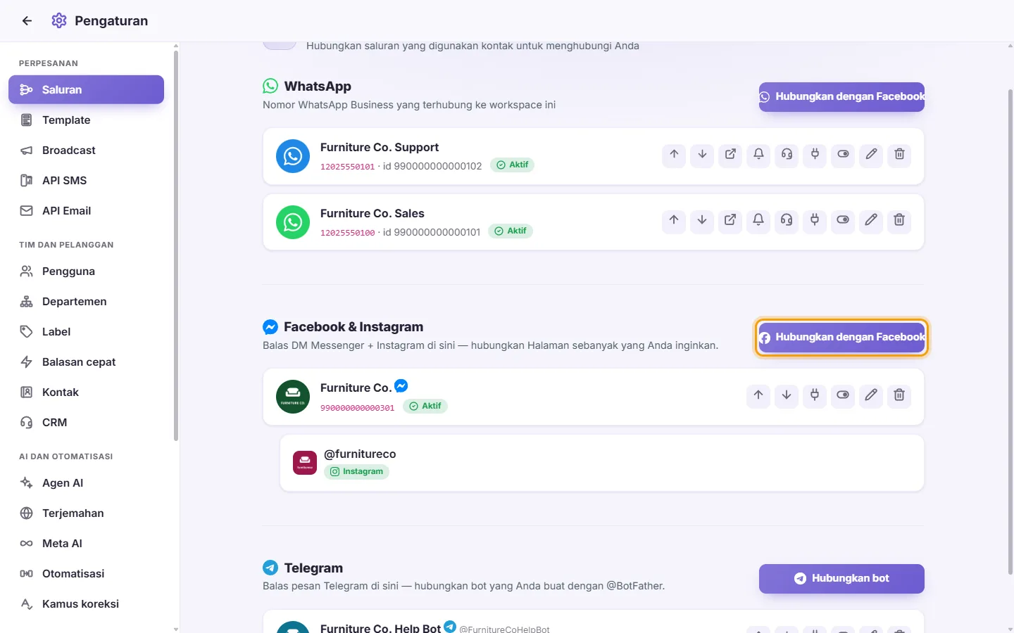 Settings, Channels: the Facebook & Instagram part, a connected Page with its Instagram account under it