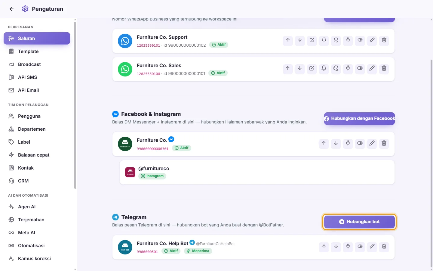 Settings, Channels: the Telegram part with its "Connect a bot" button and a connected bot