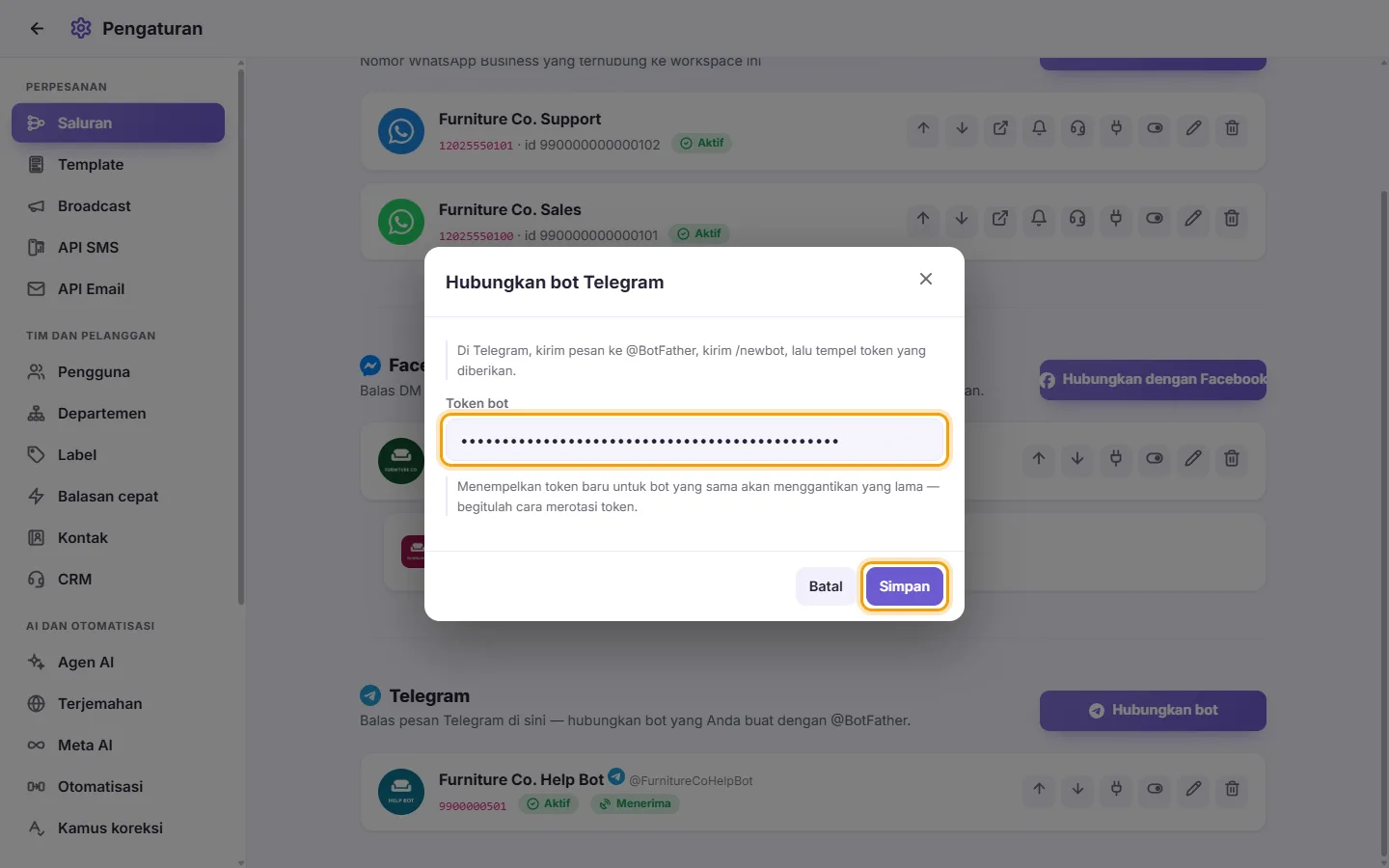 The "Connect a Telegram bot" window: the Bot token field with an example token, and the Save button