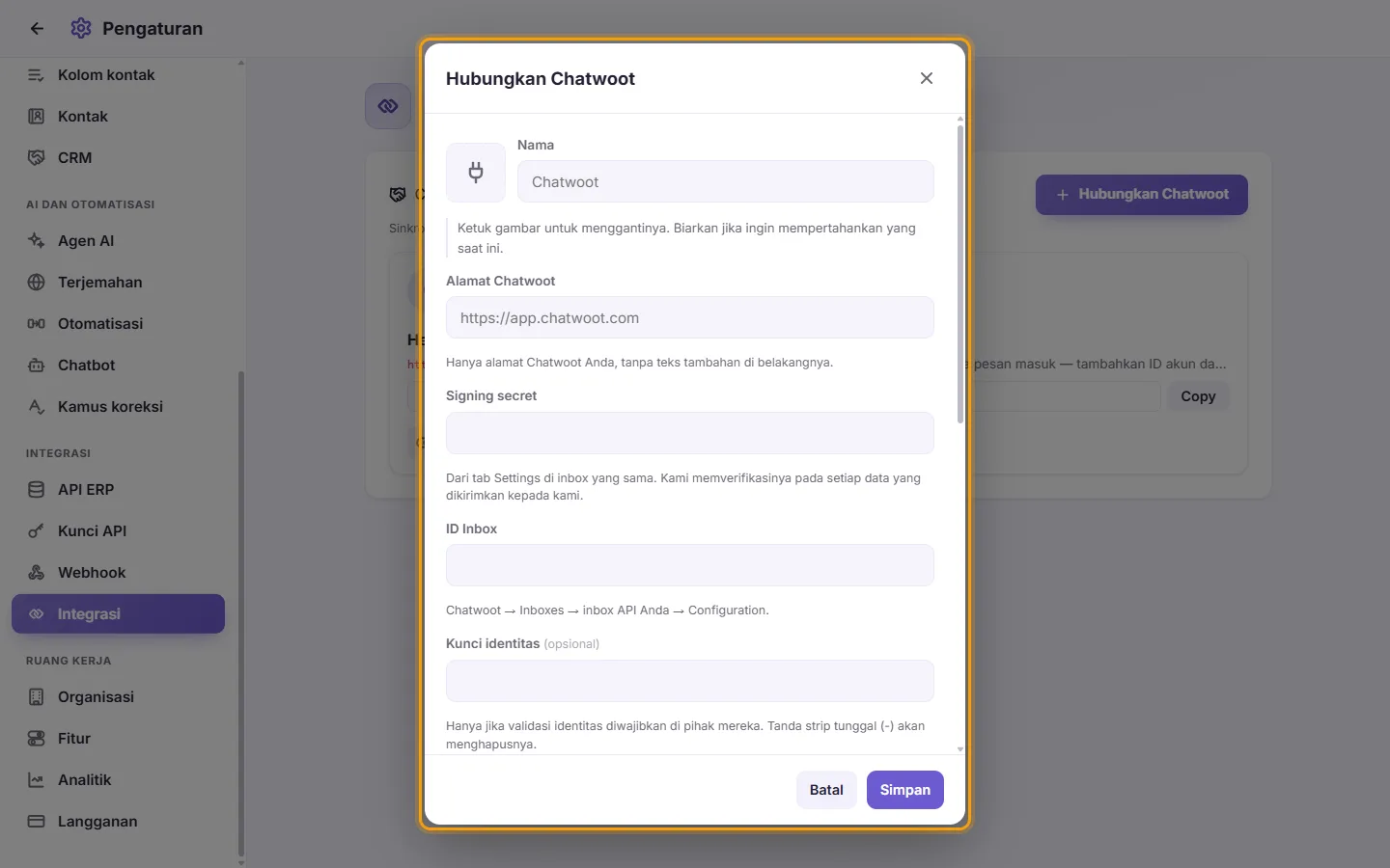 Connect Chatwoot: the address, the signing secret, the inbox identifier, the account ID and the administrator token, then the numbers