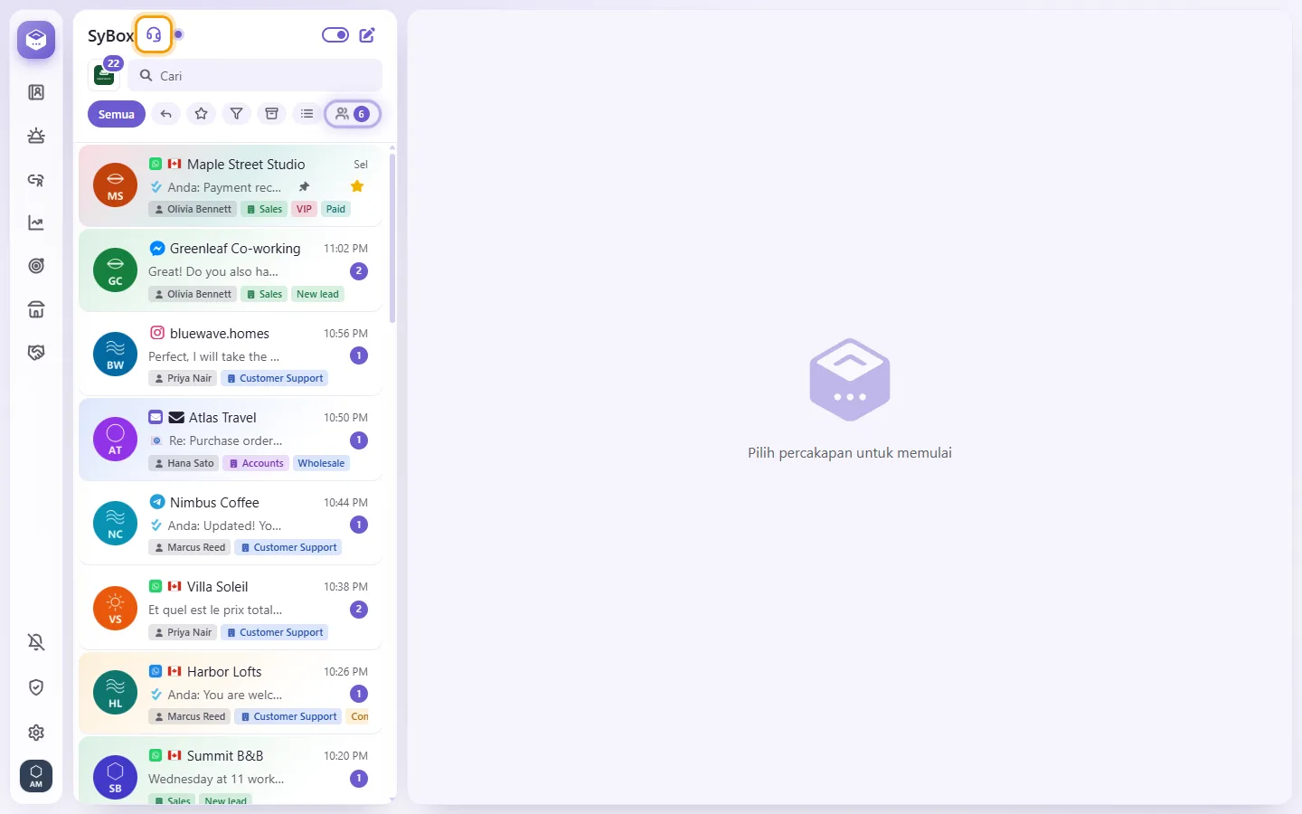 "Contact support": the headset after the workspace's name, above the conversation list