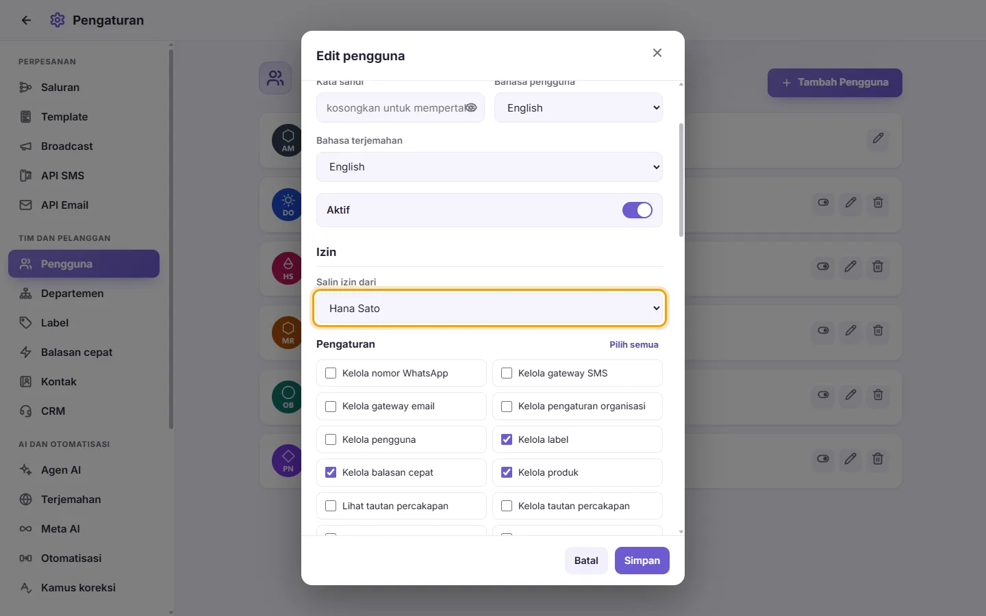 The Edit user window: "Copy permissions from" with a colleague picked