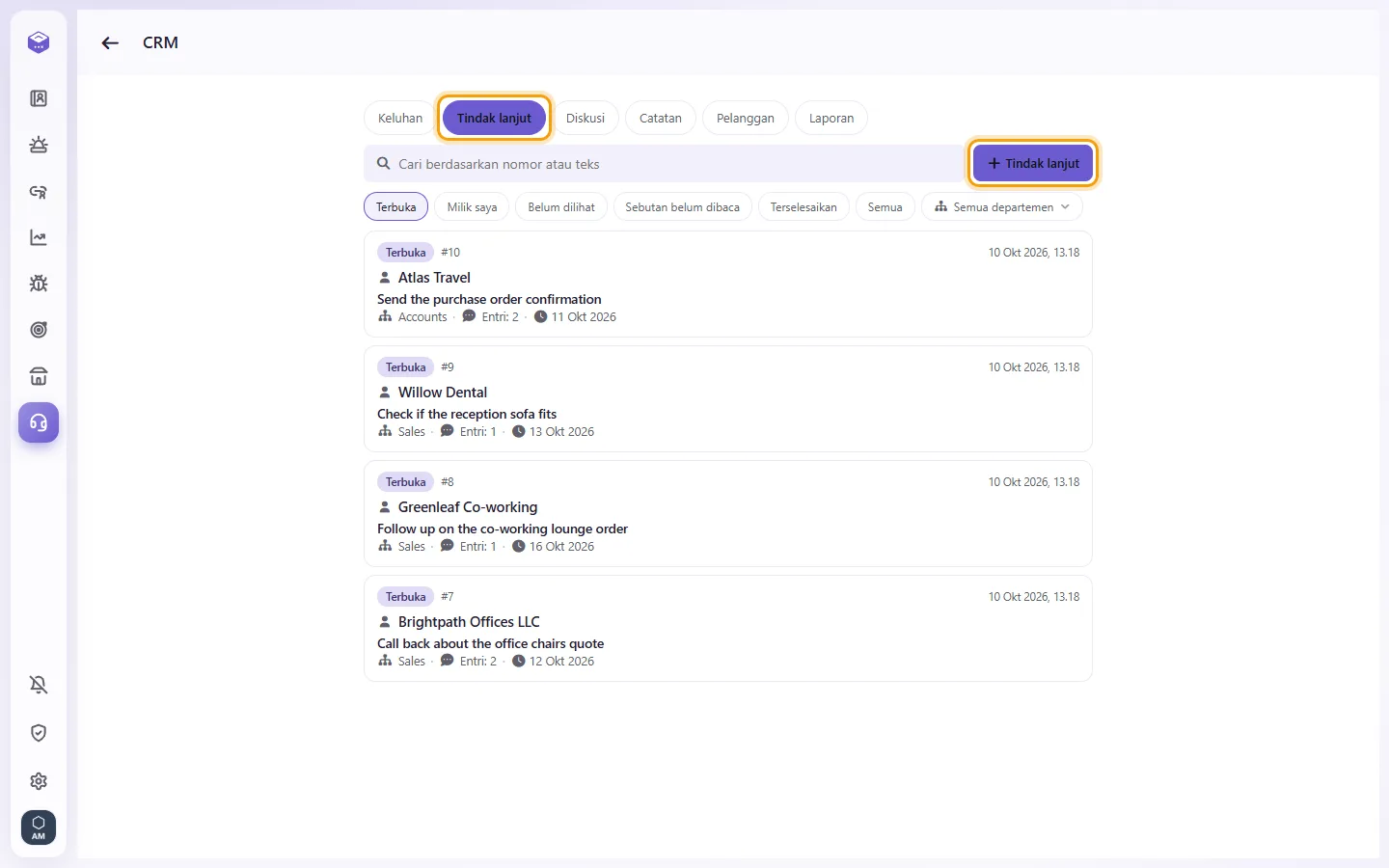 CRM, Follow-ups: the open follow-ups and the "+" button that adds one