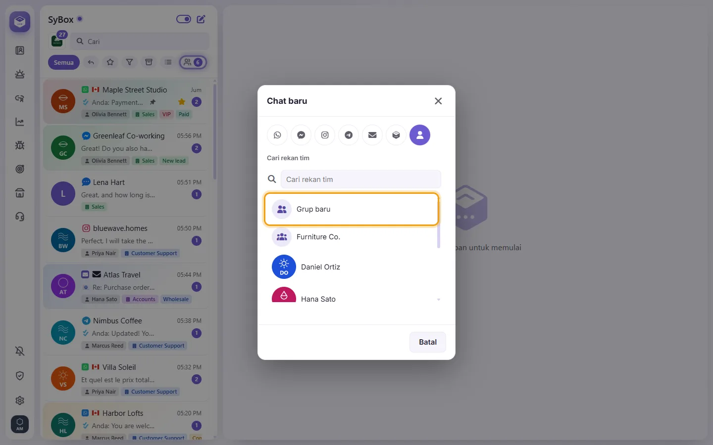 The New chat window on "Personal message": "New group" first